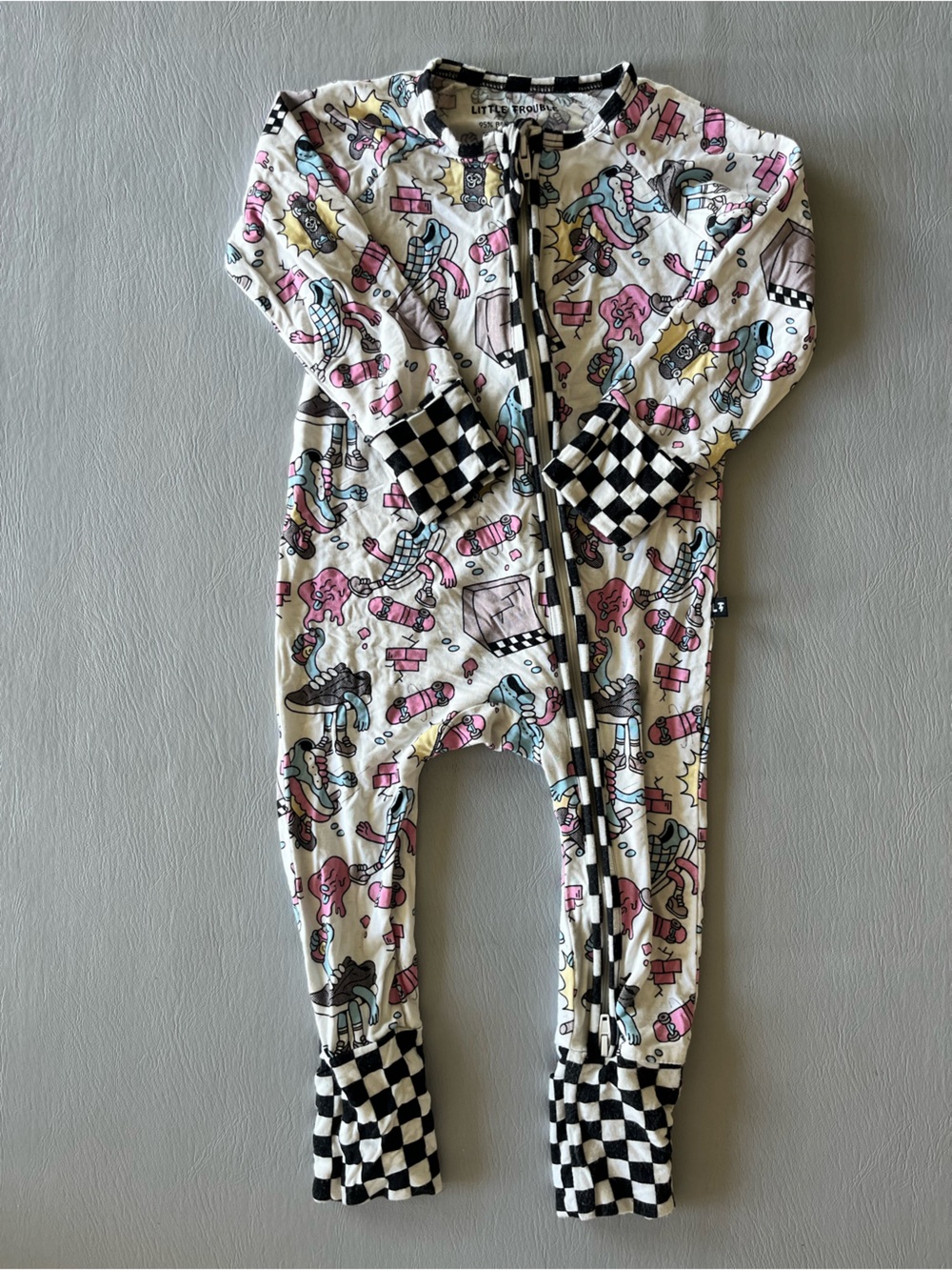 Little Trouble Pink Black Cartoon‎ Print Bamboo Romper Checker Trim 12-18M